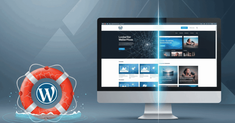 Ein Rettungsring mit dem WordPress-Logo symbolisiert die Wiederherstellung eines Backups auf einem Computerbildschirm.