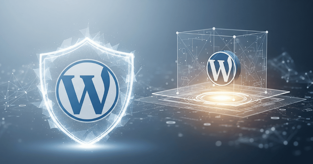 Eine symbolische Darstellung zum Thema WordPress Datensicherung. Ein WordPress-Logo wird von einem digitalen Schutzschild umgeben, was Sicherheit symbolisiert.