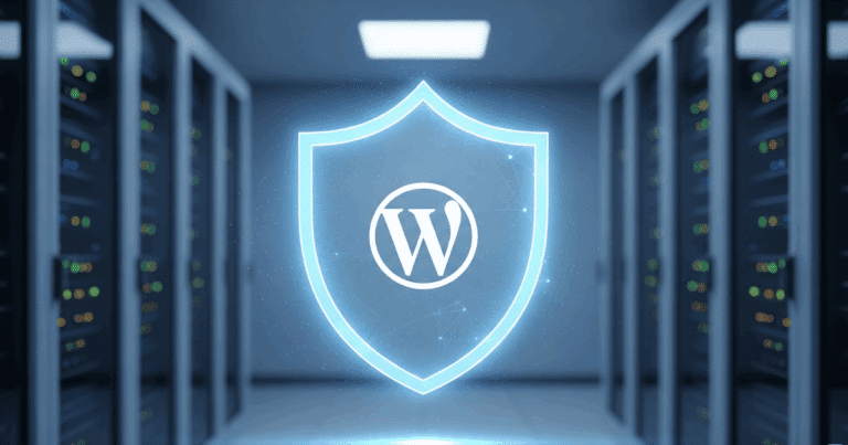 Ein symbolisches Bild, das zeigt, wie eine gehackte WordPress-Seite durch einen digitalen Schutzschild professionell gesichert wird.