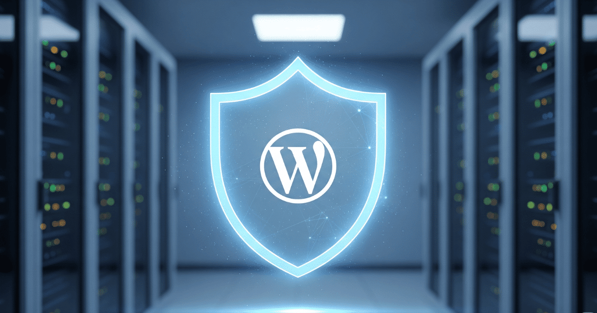 Ein symbolisches Bild, das zeigt, wie eine gehackte WordPress-Seite durch einen digitalen Schutzschild professionell gesichert wird.