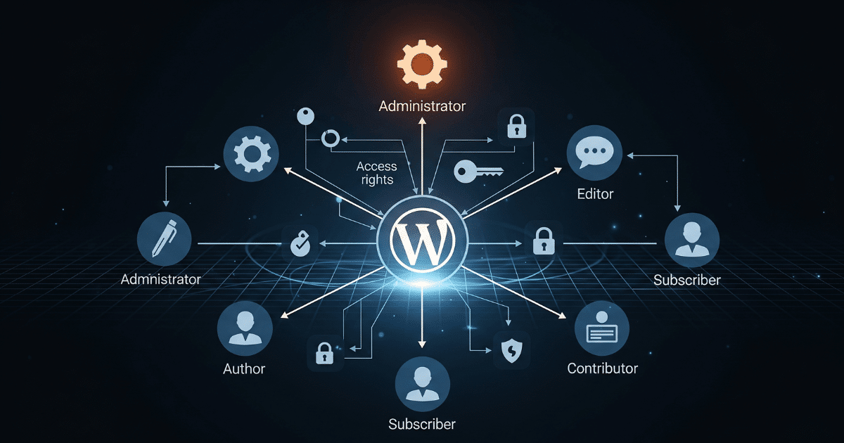Darstellung der WordPress Redakteur Rechte und Benutzerrollenverwaltung mit stilisierten Icons und Verbindungen.