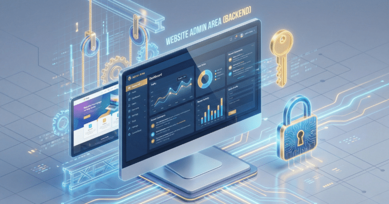 Glossar 4 Isometrische 3D-Illustration, Die Den Adminbereich (Backend) Einer Website Visualisiert. Ein Monitor Steht Im Zentrum Und Zeigt Das &Quot;Cockpit&Quot; Der Website-Verwaltung. Auf Dem Bildschirm Sieht Man Typische Elemente Wie Eine Linke Seitenleiste Mit Menüpunkten, Widgets Für Statistiken Und Einstellungs-Zahnräder. Ein &Quot;Schlüssel&Quot;-Symbol Verdeutlicht Den Geschützten Zugang. Im Hintergrund Symbolisieren Theater-Kulissen Den Unterschied Zwischen Dem Sichtbaren Bereich (Bühne) Und Dem Adminbereich (Hinter Den Kulissen).