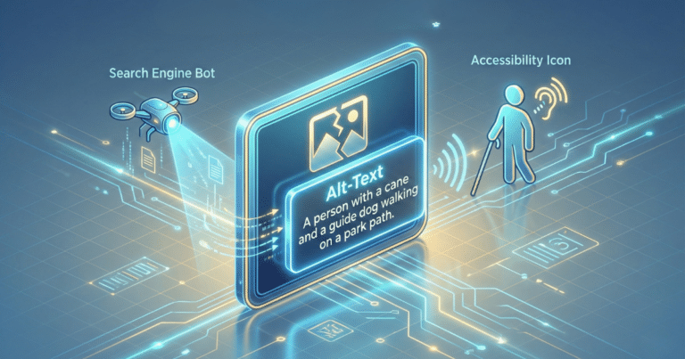 Glossar 5 Isometrische 3D-Illustration, Die Die Funktion Von Alt-Text Visualisiert. Ein Bildrahmen Ist Zu Sehen, In Dem Das Eigentliche Bild Fehlt (Symbol Für &Quot;Broken Image&Quot;). Stattdessen Erscheint Ein Leuchtendes Textfeld Mit Einer Präzisen Beschreibung Des Bildinhalts. Eine &Quot;Google-Bot&Quot;-Drohne Und Ein Symbol Für Einen &Quot;Screenreader&Quot; (Ohr Mit Schallwellen) Scannen Diesen Text, Um Den Inhalt Zu Verstehen, Was Die Bedeutung Für Seo Und Barrierefreiheit Unterstreicht.
