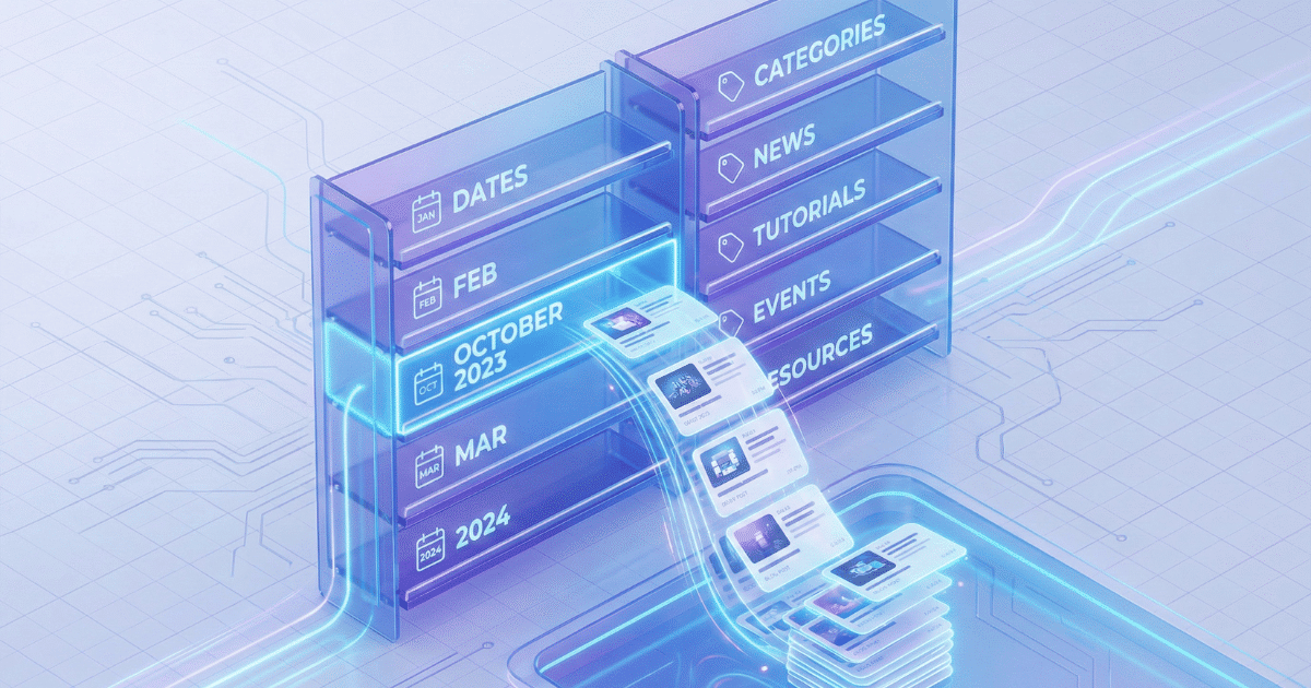 Isometric 3D illustration visualizing a WordPress "Archive". Several digital "folders" or "drawers" are arranged in a timeline or category structure. One drawer is open, revealing a neatly sorted stack of "Blog Posts" (represented as documents with images and text lines) from a specific month or category. A calendar icon and a tag icon float nearby, symbolizing the sorting criteria (date and category).