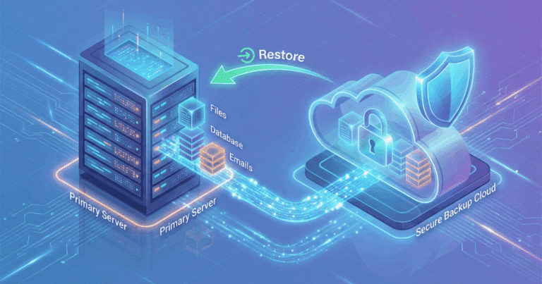 Glossar 10 Isometrische 3D-Illustration, Die Den Prozess Eines Backups Visualisiert. Ein &Quot;Primärer Server&Quot; Auf Der Linken Seite Sendet Datenblöcke (Beschriftet Mit &Quot;Files&Quot;, &Quot;Database&Quot;, &Quot;Emails&Quot;) Über Eine Leuchtende Datenleitung In Einen Sicheren &Quot;Secure Backup Cloud&Quot;-Speicher Auf Der Rechten Seite, Der Mit Einem Schloss Und Einem Schild-Symbol Geschützt Ist. Ein &Quot;Restore&Quot;-Pfeil Zeigt Die Möglichkeit Der Wiederherstellung An.