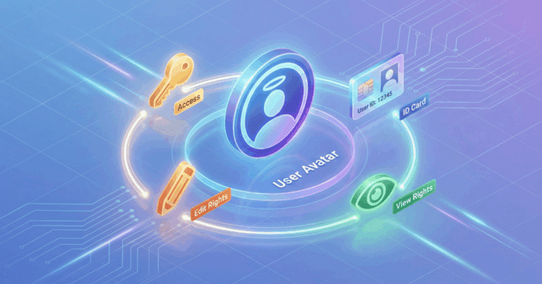 Glossar 12 Isometrische 3D-Illustration, Die Einen Benutzer Im Digitalen Kontext Visualisiert. Ein Stilisiertes Benutzerprofil Mit Einem Avatar-Bild Schwebt Im Zentrum. Um Das Profil Herum Kreisen Verschiedene Symbole, Die Benutzerrollen Und Berechtigungen Darstellen: Ein Schlüssel (Zugriff), Ein Stift (Bearbeiten) Und Ein Auge (Lesen).