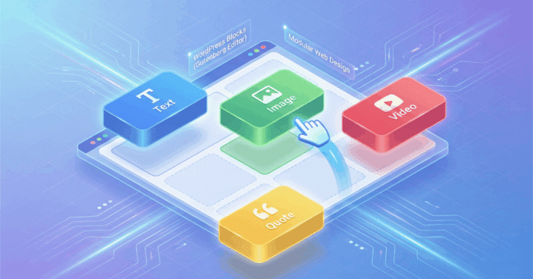 Glossar 15 Isometrische 3D-Illustration, Die Das Konzept Der Wordpress-Blöcke Visualisiert. In Der Mitte Schwebt Eine Halbfertige Webseite. Bunte, Dreidimensionale Bausteine, Die Verschiedene Inhaltstypen Repräsentieren (Ein Blauer Block Mit Textzeilen, Ein Grüner Block Mit Einem Bild-Icon, Ein Roter Block Mit Einem Video-Play-Button), Schweben Darüber Und Werden Wie Puzzleteile In Das Layout Eingefügt.