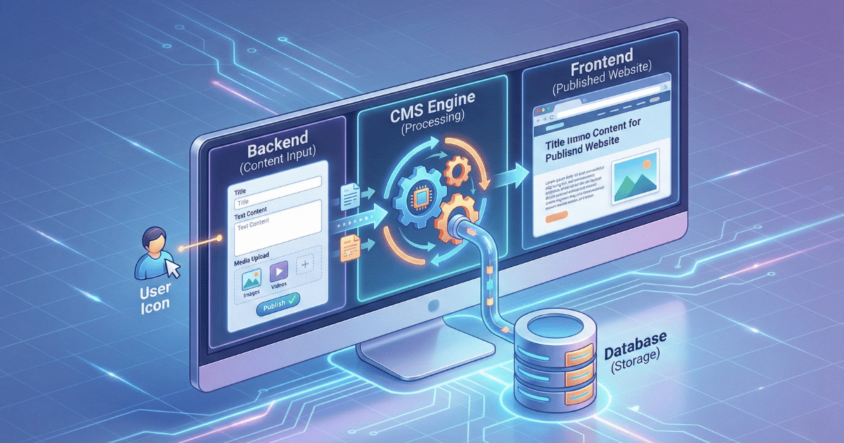 Isometrische 3D-Illustration, die ein Content-Management-System visualisiert. Ein Monitor zeigt eine geteilte Ansicht: Links das "Backend" (Eingabemaske mit Textfeldern und Bild-Upload), in der Mitte ein Zahnrad-Symbol für die "Verarbeitung" durch die CMS-Software, und rechts das "Frontend" (die fertige Webseite), auf der die Inhalte erscheinen. Ein Nutzer-Avatar bedient das Backend, ohne Code zu sehen.
