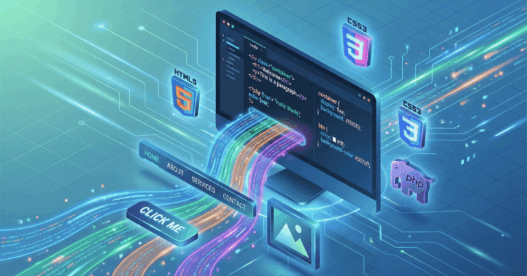 Glossar 18 Isometrische 3D-Illustration, Die Den Programmcode Einer Webseite Visualisiert. Ein Monitor Zeigt Einen Code-Editor Mit Farbig Hervorgehobener Syntax (Html-Tags, Css-Klassen, Php-Funktionen). Die Code-Zeilen &Quot;Fließen&Quot; Aus Dem Bildschirm Und Bauen Sich Davor Zu Sichtbaren Web-Elementen Wie Buttons, Bildern Und Textblöcken Zusammen, Um Die Funktion Von Code Als Bauplan Der Website Zu Verdeutlichen.