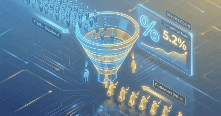 Glossar 22 Isometrische 3D-Illustration, Die Die Conversion Rate Visualisiert. Ein Stilisierter &Quot;Sales Funnel&Quot; (Trichter) Schwebt Im Raum. Oben Strömen Viele Graue &Quot;Besucher-Icons&Quot; Hinein, Während Unten Wenige, Aber Goldene &Quot;Kunden-Icons&Quot; (Mit Einkaufstaschen Oder Haken) Herauskommen. Ein Prozentzeichen (%) Und Eine Grafische Anzeige Verdeutlichen Das Verhältnis Zwischen Besuchern Und Handlungen.