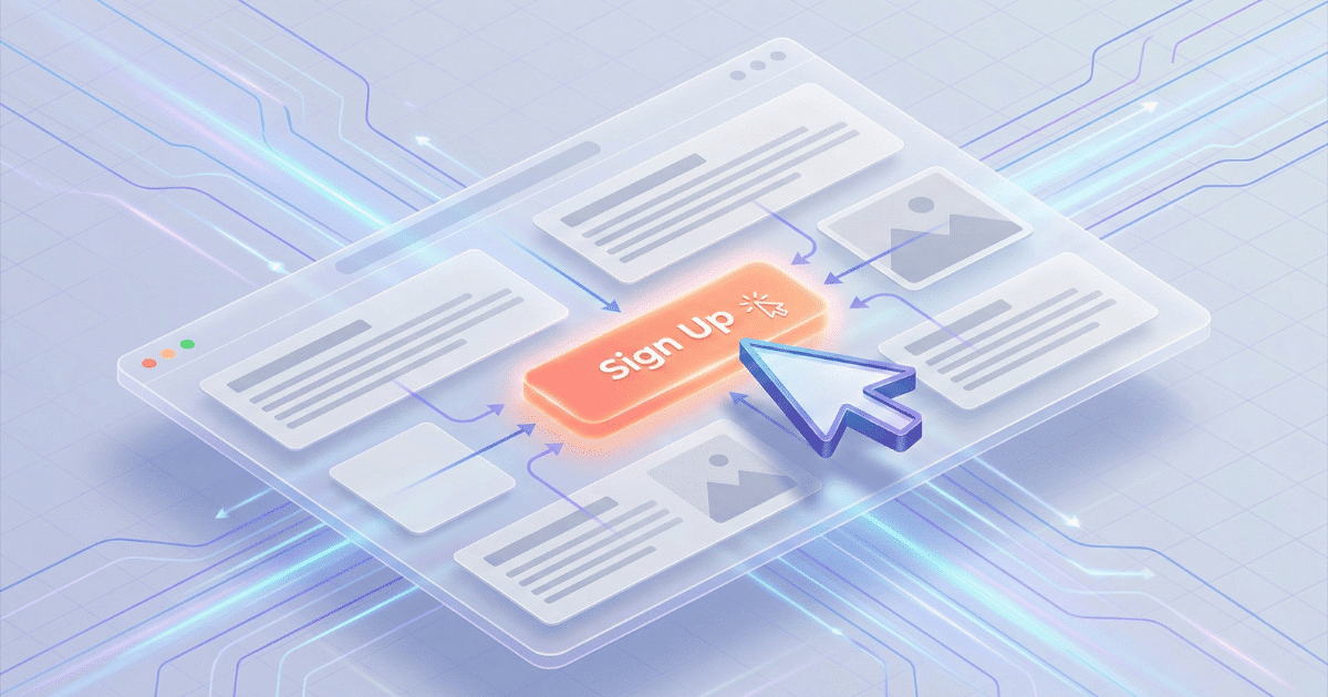 Isometrische 3D-Illustration, die einen Call-to-Action (CTA) visualisiert. Auf einer schematischen Webseite sticht ein großer, farbig leuchtender Button (z.B. in Orange) aus dem restlichen Inhalt deutlich hervor. Ein Mauszeiger schwebt kurz vor dem Klick über dem Button, auf den visuelle Linien und Pfeile hinweisen, um die Aufmerksamkeit zu lenken.