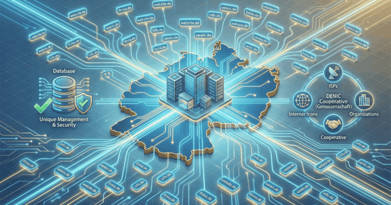 Isometrische 3D-Illustration, die die DENIC visualisiert. Eine zentrale, gesicherte Datenbank-Zentrale, platziert auf einer stilisierten Karte von Deutschland, verwaltet Millionen von Verbindungen zu kleinen "Webseiten-Blöcken", die alle die Endung ".de" tragen. Ein Genossenschafts-Symbol (Händedruck oder Gruppe von Mitgliedern) ist sichtbar.
