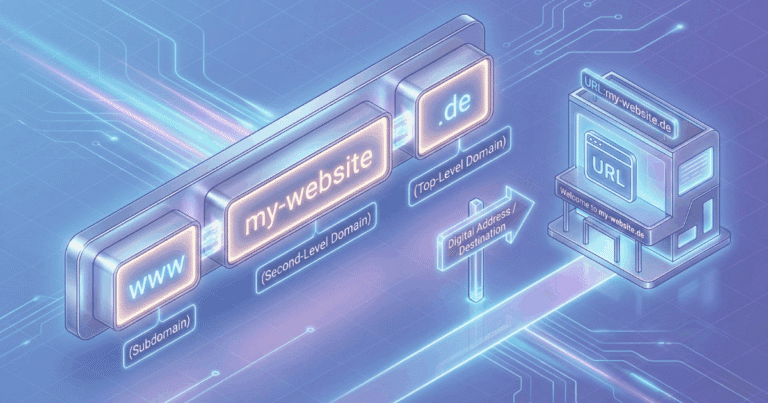 Isometrische 3D-Illustration, die das Konzept einer Domain visualisiert. Eine große, leuchtende Adressleiste (wie in einem Browser) schwebt zentral im Raum und zeigt die Struktur einer Domain: "www" (Subdomain), "mein-name" (Second-Level-Domain) und ".de" (Top-Level-Domain) sind als separate, ineinandergreifende Blöcke dargestellt. Ein Wegweiser-Schild daneben zeigt in Richtung eines Hauses, das eine Website repräsentiert, um die Funktion als digitale Adresse zu verdeutlichen.