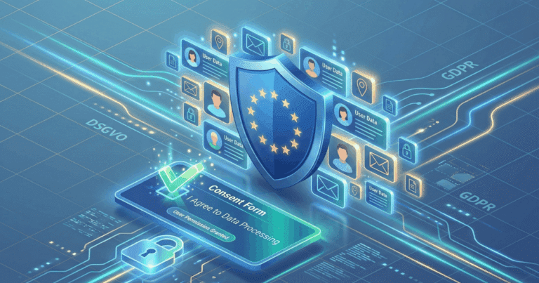 Isometrische 3D-Illustration, die das Konzept der DSGVO visualisiert. Ein großes, blaues Schutzschild mit dem EU-Sternenkranz schützt symbolisch Nutzerdaten (Profilbilder, Dokumente). Im Vordergrund ist ein digitales Formular mit einer aktiven Checkbox zu sehen, die die "Einwilligung" (Consent) symbolisiert. Ein Schloss-Symbol verdeutlicht die Datensicherheit.