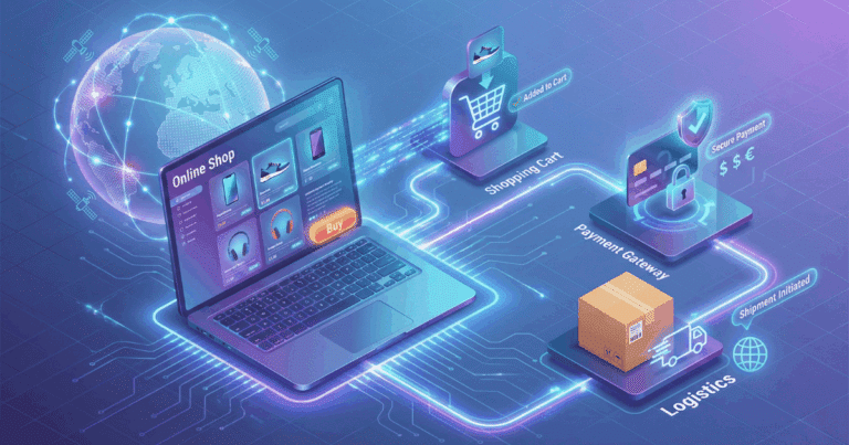 Isometrische 3D-Illustration, die den Prozess des E-Commerce visualisiert. Ein Laptop zeigt einen geöffneten Online-Shop mit Produkten. Ein leuchtender Pfad verbindet den Laptop mit Symbolen für den digitalen Warenkorb, eine sichere Bezahlung (Kreditkarte/Schloss) und den physischen Versand (Paket/Lieferwagen), was den kompletten Handelsablauf darstellt.