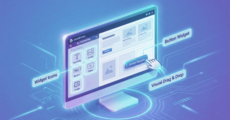 Isometrische 3D-Illustration, die den Elementor Page Builder visualisiert. Ein Monitor zeigt den Bearbeitungsmodus einer WordPress-Website. Auf der linken Seite befindet sich das typische Elementor-Panel mit verschiedenen Widgets (Überschrift, Bild, Button). Ein Mauszeiger zieht gerade ein Button-Widget per Drag-and-Drop in das Live-Layout der Seite, was die visuelle Echtzeit-Bearbeitung verdeutlicht.