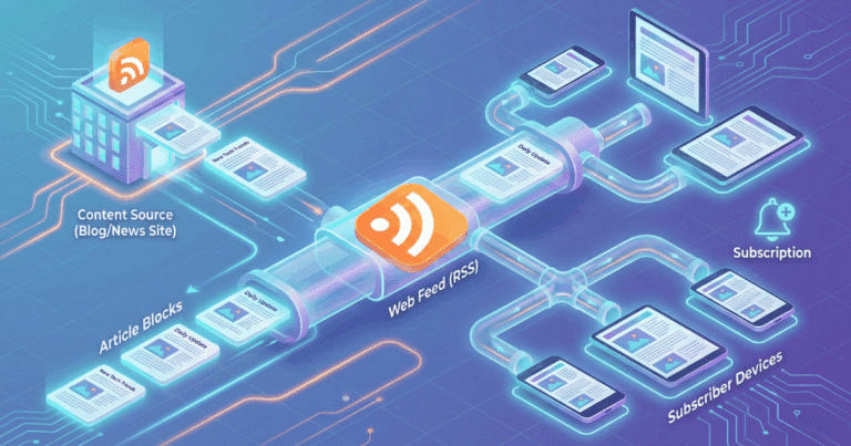 Isometrische 3D-Illustration, die das Prinzip eines Web-Feeds visualisiert. Eine "Content Source" (z.B. ein Blog) auf der linken Seite generiert neue Artikel-Blöcke. Diese fließen automatisch durch eine zentrale Pipeline, die mit dem orangen RSS-Symbol gekennzeichnet ist, zu verschiedenen "Abonnenten-Geräten" (Smartphones, Tablets) auf der rechten Seite, wo die Updates sofort erscheinen.