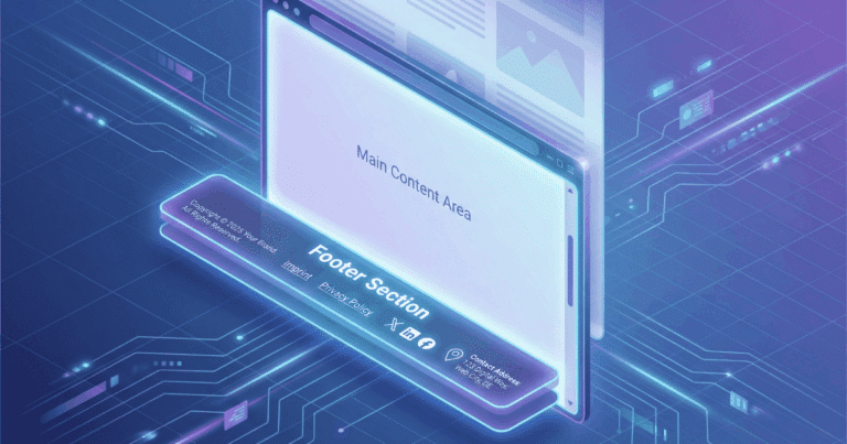 Isometrische 3D-Illustration, die den Footer einer Webseite visualisiert. Auf einem Monitor ist der unterste Bereich einer Website deutlich hervorgehoben. Er enthält typische Elemente wie Copyright-Hinweise, rechtliche Links (Impressum, Datenschutz), Social-Media-Icons und Kontaktinformationen, während der Hauptinhalt darüber liegt.