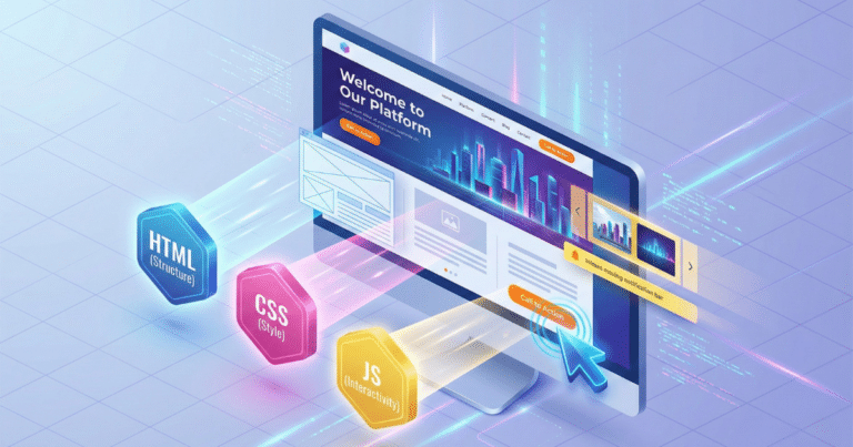 Isometrische 3D-Illustration, die das Konzept des Frontends visualisiert. Ein Monitor zeigt eine vollständig designte Webseite ("User Interface"), die aktiv von den Technologien "HTML (Struktur)", "CSS (Design)" und "JS (Interaktivität)" aufgebaut wird. Ein Mauszeiger klickt auf einen Button, was die direkte Interaktion des Nutzers mit diesem sichtbaren Bereich verdeutlicht.