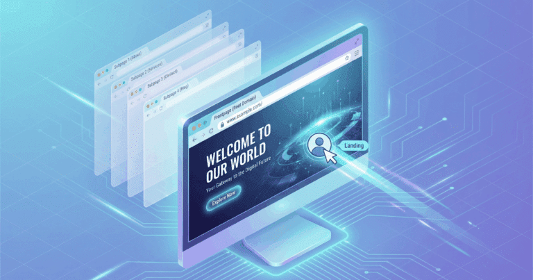 Isometrische 3D-Illustration, die die Frontpage einer Website visualisiert. Ein großer Monitor zeigt die Haupt-Landeseite mit einem prominenten "Hero-Bereich" und Willkommens-Text, aufgerufen über die Root-Domain. Dahinter sind weitere Unterseiten als Stapel angedeutet, was die Frontpage als oberste Ebene und ersten Einstiegspunkt kennzeichnet.