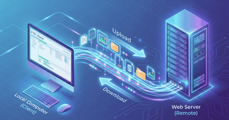 Isometrische 3D-Illustration, die den Datentransfer via FTP visualisiert. Auf der linken Seite sendet ein "Lokaler Computer (Client)" Dateien über eine Datenbrücke an einen "Web Server (Remote)" auf der rechten Seite (Upload). Gleichzeitig werden Daten vom Server empfangen (Download). Ordner- und Dateisymbole bewegen sich auf der Verbindungslinie.