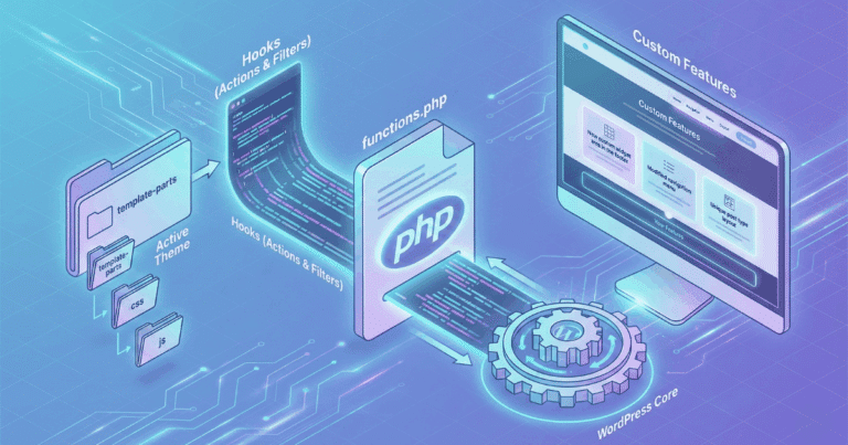 Isometrische 3D-Illustration, die die functions.php in WordPress visualisiert. Eine zentrale Datei mit PHP-Symbol und der Aufschrift "functions.php" injiziert Code über "Hooks (Actions & Filters)" in den "WordPress Core". Dies erweitert das "Active Theme" um neue Funktionen, die als "Custom Features" auf einem Webseiten-Monitor dargestellt werden.