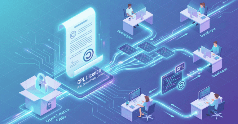 Isometrische 3D-Illustration, die das Konzept der GPL-Lizenz visualisiert. Ein zentrales Lizenzdokument mit dem Copyleft-Symbol öffnet eine Box mit Quellcode ("Open Source"). Dieser Code fließt frei zu verschiedenen Entwicklern, und modifizierte Versionen, die weitergegeben werden, tragen weiterhin das GPL-Siegel, was das virale Prinzip der Lizenz verdeutlicht.