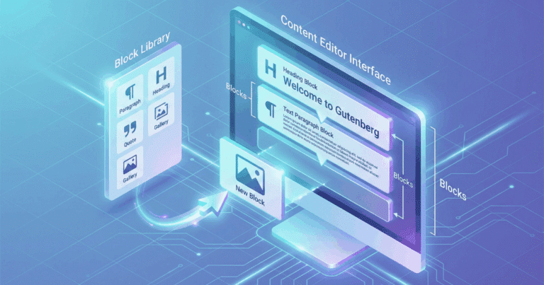 Isometrische 3D-Illustration, die den WordPress Gutenberg Editor visualisiert. Ein Editor-Fenster zeigt, wie eine Webseite modular aus einzelnen, untereinander angeordneten "Blöcken" (Überschrift, Text, Bild) aufgebaut wird. Ein seitliches Menü "Block Library" bietet verschiedene Elemente zur Auswahl, von denen eines gerade per Drag-and-Drop in den Inhalt gezogen wird.