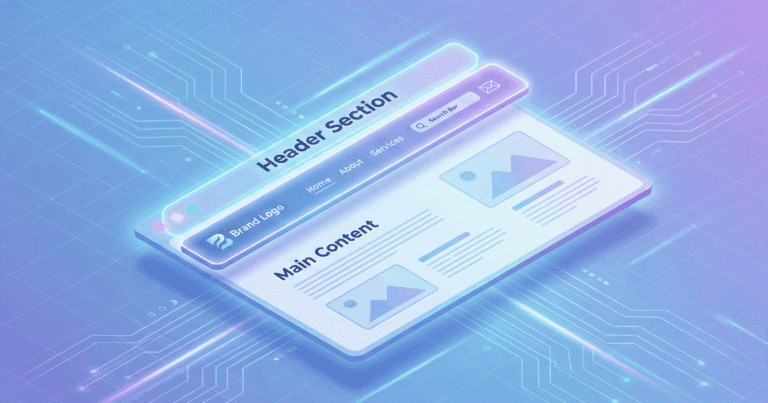 Isometrische 3D-Illustration, die den Header einer Webseite visualisiert. Auf einem Monitor ist der oberste Bereich einer Website deutlich hervorgehoben. Er enthält typische Elemente wie das Firmenlogo links, eine zentrale Navigationsleiste (Menü) und Funktionselemente wie eine Suchleiste und Kontakt-Buttons rechts.