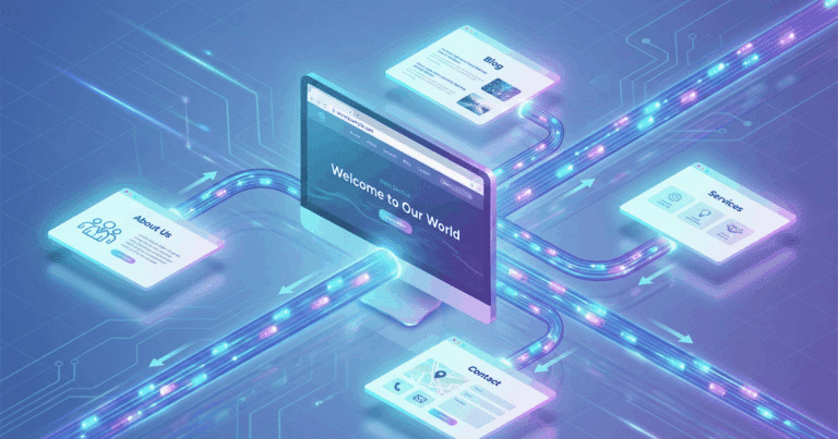 Isometrische 3D-Illustration, die die Funktion einer Homepage visualisiert. Ein zentraler Monitor zeigt die "Startseite" mit einem Willkommens-Bereich und Navigation. Von hier aus führen leuchtende Verbindungspfade zu verschiedenen Unterseiten wie "Über uns", "Leistungen", "Blog" und "Kontakt", was die Rolle der Homepage als zentraler Verteiler und Einstiegspunkt verdeutlicht.