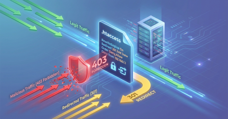 Glossar 2 Isometrische 3D-Illustration, Die Die Funktion Einer .Htaccess-Datei Visualisiert. Ein &Quot;Server-Schrank&Quot; Steht Im Hintergrund. Davor Befindet Sich Ein Schwebendes Dokument Mit Dem Label &Quot;.Htaccess&Quot;, Auf Dem Leuchtende Code-Zeilen Wie &Quot;Redirect 301&Quot; Und &Quot;Deny From All&Quot; Zu Sehen Sind. Es Fungiert Als Filter: Eingehender Datenverkehr (Grüne Pfeile) Wird Durchgelassen, Während Unerwünschte Anfragen (Rote Pfeile) Abgeblockt Oder Umgeleitet (Gelbe Gebogene Pfeile) Werden.