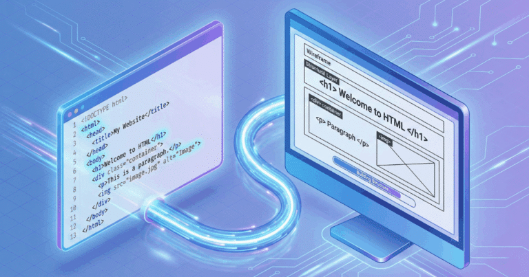 Isometrische 3D-Illustration, die HTML als das Skelett einer Webseite visualisiert. Ein "Code Editor"-Fenster zeigt die grundlegende HTML-Struktur (, , ). Ein Datenstrom wandelt diesen Code in ein visuelles "Wireframe" (Drahtgittermodell) einer Webseite auf einem Monitor um, das die Anordnung von Überschriften, Textblöcken und Bildern definiert, bevor Design (CSS) hinzugefügt wird.