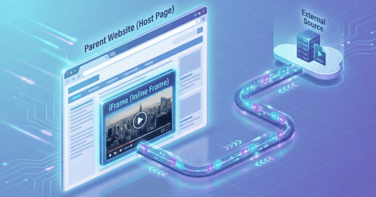 WordPress Hilfe 10 Isometrische 3D-Illustration, Die Das Konzept Eines Iframes Visualisiert. Ein Browserfenster Zeigt Eine &Quot;Parent Website&Quot; (Hauptseite). In Diese Ist Ein &Quot;Iframe&Quot;-Fenster Eingebettet, Das Inhalte Wie Ein Video Oder Eine Karte Anzeigt. Ein Datenstrom Verbindet Diesen Iframe Direkt Mit Einer Separaten &Quot;External Source&Quot; (Server), Um Zu Verdeutlichen, Dass Der Inhalt Von Einer Anderen Quelle Geladen Wird.
