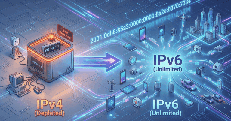 Isometrische 3D-Illustration, die den Unterschied zwischen IPv4 und IPv6 visualisiert. Links ein kleiner, begrenzter Container "IPv4 (Depleted)" mit einer einfachen Adresse und einem Warnhinweis "Limit Reached". Rechts ein weites, leuchtendes Netzwerk "IPv6 (Unlimited)" mit einer langen Hexadezimal-Adresse und vielen verbundenen IoT-Geräten, was die unbegrenzten Möglichkeiten symbolisiert.