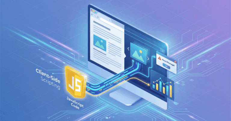 Isometrische 3D-Illustration, die JavaScript visualisiert. Ein Webbrowser auf einem Monitor wird durch ein "JavaScript Code"-Modul mit dem gelben JS-Logo erweitert. Dies aktiviert interaktive Elemente auf der Seite, wie einen beweglichen Slider, ein Pop-up-Fenster und eine animierte Grafik, was die "Client-Side Scripting"-Funktionalität verdeutlicht.
