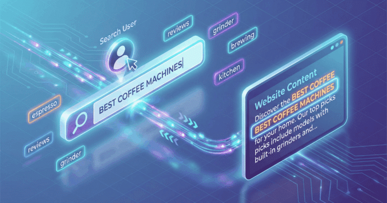 Isometrische 3D-Illustration, die das Konzept eines Keywords visualisiert. Ein Benutzer gibt einen Suchbegriff in eine große Suchleiste mit Lupe ein. Ein leuchtender Verbindungspfad führt zu einem "Website Content"-Modul, in dem genau dieses Keyword hervorgehoben ist, was einen Treffer ("Match") symbolisiert. Umgebende Tags repräsentieren verwandte Suchbegriffe.