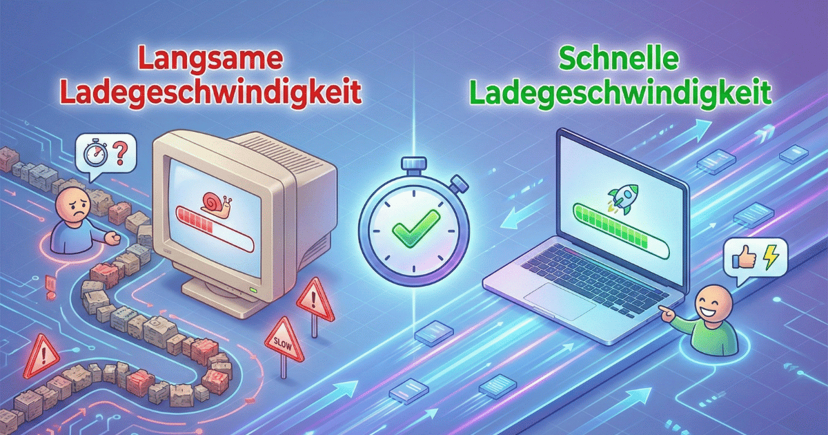 Isometrische 3D-Illustration, die das Konzept der Ladegeschwindigkeit visualisiert. Auf der linken Seite ist ein veralteter Computer auf einem langsamen, kurvigen Pfad mit einem Schneckensymbol und einem unzufriedenen Nutzer dargestellt, beschriftet mit "Langsame Ladegeschwindigkeit". Auf der rechten Seite zeigt ein moderner Laptop auf einer schnellen, geraden Datenautobahn mit einem Raketensymbol und einem zufriedenen Nutzer, beschriftet mit "Schnelle Ladegeschwindigkeit". Eine Stoppuhr in der Mitte misst die Zeit.