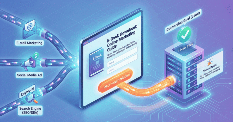 Isometrische 3D-Illustration, die das Konzept einer Landingpage visualisiert. Verschiedene Traffic-Quellen (E-Mail, Anzeige, Suche) führen auf eine fokussierte Landingpage auf einem Tablet, die ein E-Book zum Download anbietet. Nach der Eingabe der Daten und dem Klick auf den "Jetzt herunterladen"-Button wird ein "Conversion Goal (Lead)" in einer Datenbank gespeichert und eine "Thank You Page" angezeigt.