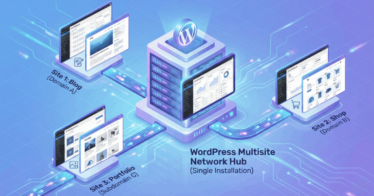 Isometrische 3D-Illustration, die das Konzept einer WordPress Multisite visualisiert. Ein zentraler "WordPress Multisite Network Hub (Single Installation)" verwaltet mehrere verschiedene Websites, darunter "Site 1: Blog", "Site 2: Shop" und "Site 3: Portfolio", die jeweils eine eigene Domain oder Subdomain haben, aber von einer einzigen WordPress-Installation aus gesteuert werden.