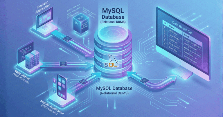 Isometrische 3D-Illustration, die das Konzept von MySQL visualisiert. Eine zentrale "MySQL Database (Relational DBMS)" mit dem Delfin-Logo empfängt SQL-Anfragen von verschiedenen Quellen wie "Web Server", "Mobile Application" und "Desktop Application". Die Ergebnisse werden als strukturiertes "Data Result Set" auf einem Monitor dargestellt.