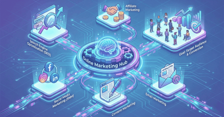 Isometrische 3D-Illustration, die das umfassende Konzept des Online Marketings visualisiert. Ein zentraler "Online Marketing Hub" verbindet verschiedene Kanäle wie "Search Engine Optimization (SEO)", "Social Media Marketing (SMM)", "Content Marketing", "Email Marketing" und "Affiliate Marketing". Alle diese Strategien zielen auf das gemeinsame Ziel "Target Audience & Conversion" ab.