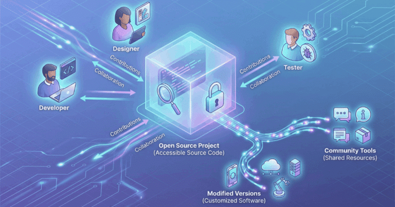 Isometrische 3D-Illustration, die das Konzept von Open Source visualisiert. Ein zentrales "Open Source Project" mit zugänglichem Quellcode, dargestellt durch eine Lupe und ein offenes Schloss, wird von verschiedenen "Developers", "Designers" und "Testers" umgeben, die "Contributions" und "Collaboration" beitragen. Dies führt zu "Modified Versions" und "Community Tools".