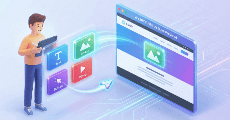 Isometrische 3D-Illustration, die das Konzept eines Pagebuilders visualisiert. Ein Benutzer zieht per Drag-and-Drop verschiedene Inhaltsmodule wie Text, Bild und Button von einer Palette auf eine Website-Leinwand, um diese visuell zu erstellen.