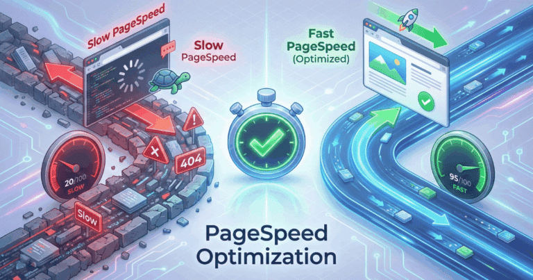 Isometrische 3D-Illustration, die das Konzept von PageSpeed visualisiert. Auf der linken Seite wird "Slow PageSpeed" durch einen Browser im Stau mit einer Schildkröte und einem roten Tacho dargestellt. Auf der rechten Seite symbolisiert eine Rakete auf einer freien Überholspur mit einem grünen Tacho "Fast PageSpeed (Optimized)". Eine Stoppuhr in der Mitte unterstreicht den Geschwindigkeitsaspekt.