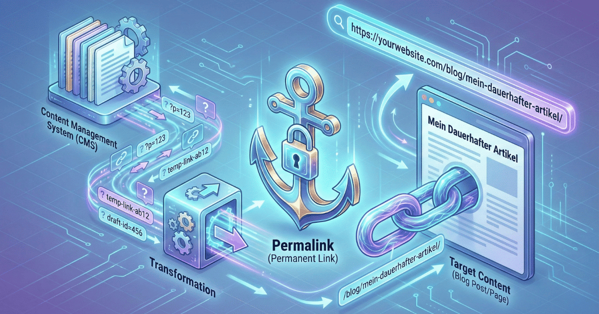 Isometrische 3D-Illustration, die das Konzept eines Permalinks visualisiert. Ein "Content Management System (CMS)" mit temporären Links wird über eine stabile Kette und einen Anker mit Schloss ("Permalink (Permanent Link)") mit einem Zielinhalt ("Target Content") verbunden, der eine dauerhafte, lesbare URL aufweist.