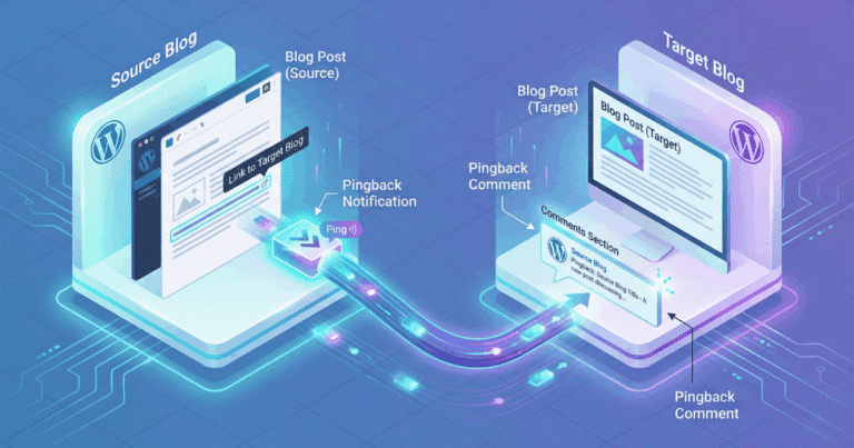 Isometrische 3D-Illustration, die das Konzept von Pingbacks visualisiert. Ein "Source Blog" erstellt einen Beitrag mit einem Link zu einem "Target Blog". Dies löst eine "Pingback Notification" aus, die automatisch einen "Pingback Comment" im Kommentarbereich des Ziel-Blogs erstellt.