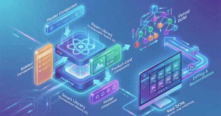 Isometrische 3D-Illustration, die das Konzept von React visualisiert. Eine zentrale "React Library" empfängt verschiedene Komponenten wie Header, Sidebar und Footer. Sie nutzt ein "Virtual DOM" für effiziente Updates und "Diffing & Reconciliation", um die "Real DOM" auf einem Monitor als dynamische Benutzeroberfläche darzustellen.