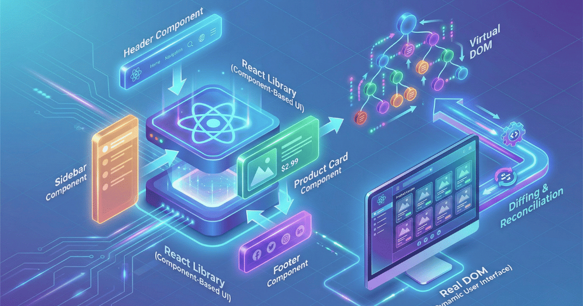 Isometrische 3D-Illustration, die das Konzept von React visualisiert. Eine zentrale "React Library" empfängt verschiedene Komponenten wie Header, Sidebar und Footer. Sie nutzt ein "Virtual DOM" für effiziente Updates und "Diffing & Reconciliation", um die "Real DOM" auf einem Monitor als dynamische Benutzeroberfläche darzustellen.
