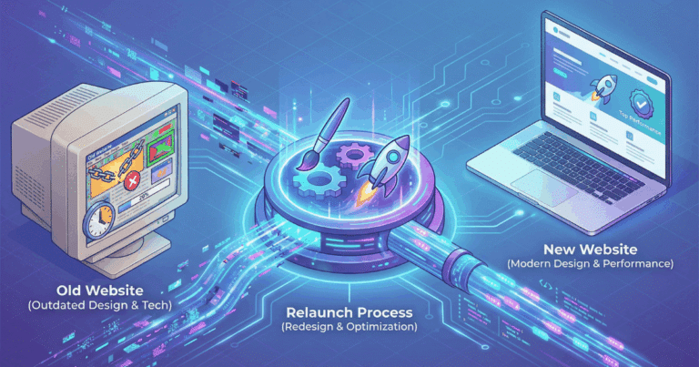 Isometrische 3D-Illustration, die den Prozess eines Website-Relaunches visualisiert. Eine veraltete Website ("Old Website") auf einem Computerbildschirm durchläuft einen "Relaunch Process" (Redesign & Optimization), dargestellt durch Zahnräder, einen Pinsel und eine Rakete. Daraus entsteht eine moderne, leistungsstarke Website ("New Website") auf einem Laptop.