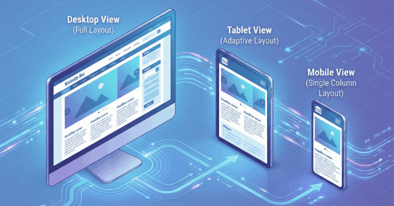 Professionelle WordPress Wartung & Pflege 11 Isometrische 3D-Illustration, Die Das Konzept Des Responsive Webdesigns Visualisiert. Eine Website Wird Auf Einem Desktop-Monitor, Einem Tablet Und Einem Smartphone Angezeigt. Das Layout Passt Sich Automatisch An Die Jeweilige Bildschirmgröße An, Von Einem Mehrspaltigen Layout Auf Dem Desktop Zu Einem Einspaltigen Auf Dem Smartphone. Verbindende Linien Zeigen, Dass Es Sich Um Dieselbe Inhaltsquelle Handelt.